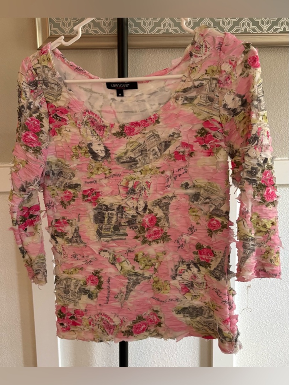 Karen Kane Paris Print Mesh Top M Pink Floral Eiffel Tower Sheer Textured Blouse